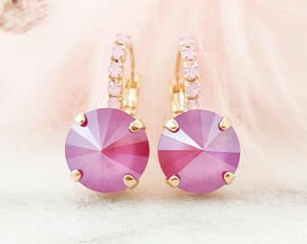 Rose Tourmaline Earrings Round PINK OPAL ROSE Water Drops, Fuchsia Rhinestone Jewelry Gifts, Rose Gold Pink Sapphire Diamond Dangles E3844