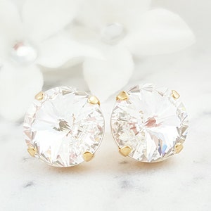 Round Crystal Earrings BIG SPARKLY GOLD Diamond Ladies Studs, White Rhinestone Earrings, Sparkly Bling, April Birthstone Gift Wife E3580