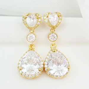Cubic Zirconia Heart Earrings GOLD CZ CRYSTAL Teardrops, Long Dangling Diamond Tear Drop Bridal Jewelry, White Wedding Bridal Gifts E2591