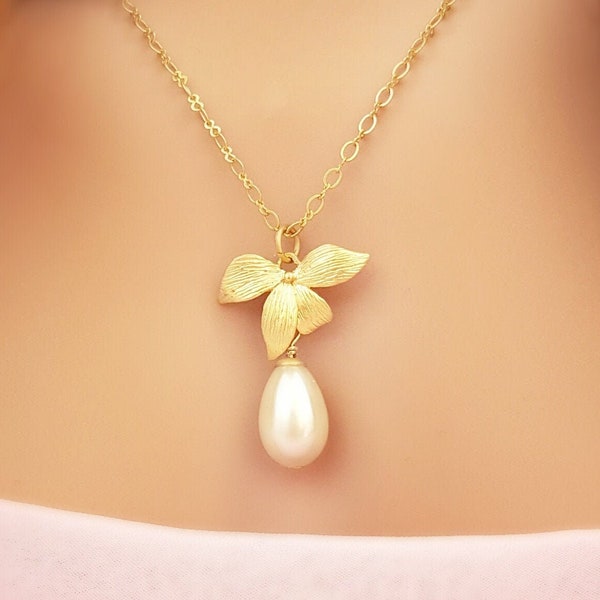 LOVELY Gold Flower & Pearl Necklace, Orchid Flower Bridal Pendant, Ivory Teardrop Pearl Wedding Jewelry, Lily Floral Teardrop Gifts N4210