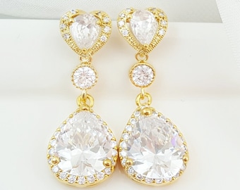 Cubic Zirconia Heart Earrings GOLD CZ CRYSTAL Teardrops, Long Dangling Diamond Tear Drop Bridal Jewelry, White Wedding Bridal Gifts E2591