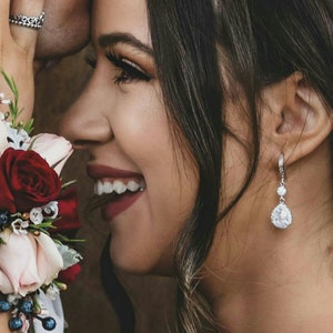 DIAMOND BRIDAL EARRINGS Long Dangling Clear Crystal Teardrop Necklace, Silver Tear Drop Cz Bride Jewelry Bridesmaid Ask Gift for Her E2164