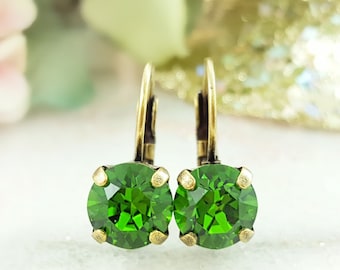 EMERALD DANGLE EARRINGS, Green Birthstone Jewelry Gifts for Her, Dark Peridot Crystal Drops, Ladies May Birthday Rhinestones E9408
