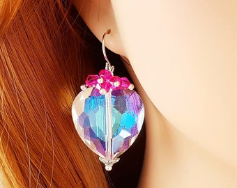 Aurora Borealis Crystal Heart Earrings, HOT PINK EARRINGS, Statement Diamond Dangles, Pink Heart Jewelry, Big Romantic Iridescent Drop M1074