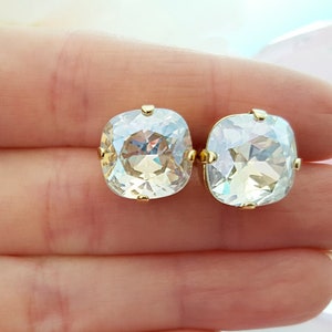 BIG DIAMOND STUDS Clear Crystal Square Earrings, Rose Gold Cushion Cut Baguette Stone White Rhinestone Statement Birthstone Jewelry AE3893