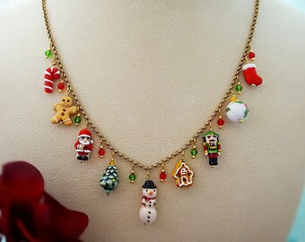 CHRISTMAS NECKLACE HOLIDAY Charm Jewelry and Gingerbread Cookie Earrings, Xmas Tree Gift for Her, Snowman, Santa Claus Red Candy Cane N5100A