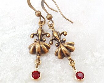 Ruby Drop Earrings ART NOUVEAU Dangling Garnet Drop Earrings, Vintage Red Crystal Fleur de Lis Dangles, Antiqued Gold Gemsicles Gifts E1373