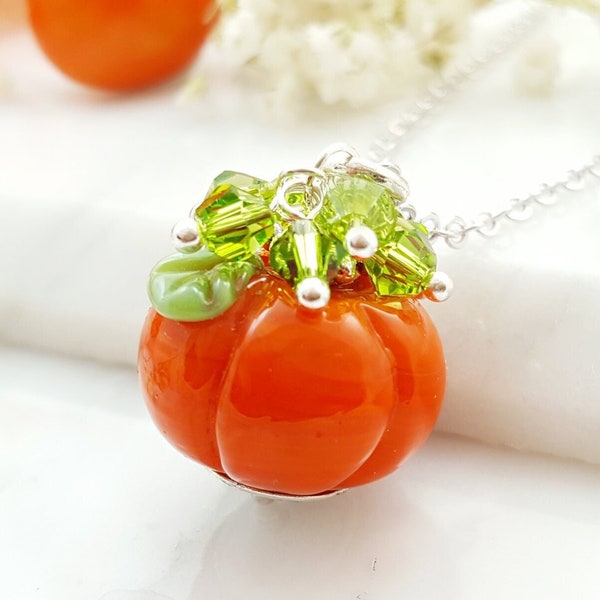 PUMPKIN NECKLACE LARGE Silver Handmade Glass Pumpkin with Sparkly Green Crystals, Orange Handblown Persimmon Bead, Fall Jewelry Gift N5737