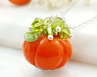 PUMPKIN NECKLACE LARGE Silver Handmade Glass Pumpkin with Sparkly Green Crystals, Orange Handblown Persimmon Bead, Fall Jewelry Gift N5737