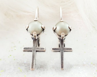 Silver Cross Earrings Christian Pearl Earrings, COOL SAGE GREEN Pearl Dangles, Minimalist Religious Jewelry for Her, Antique Silver E3168