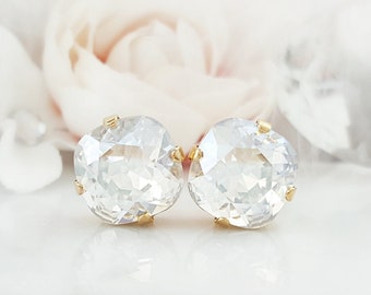 DIAMOND CRYSTAL EARRINGS Gold Cushion Cut Square Studs, Clear Moonlight Stones, Large Baguette Rhinestone Earrings, April Birthstone E3442