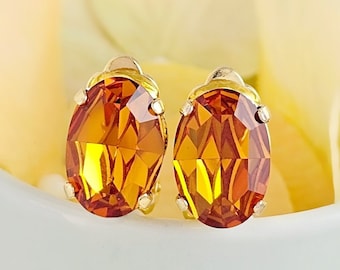 GOLD TOPAZ CLIPONS Choose Your Crystal Color, Oval Clip-On Earrings, Non-Pierced Citrine, Smoked Topaz, Mocha, Jonquil Rhinestones CL1065