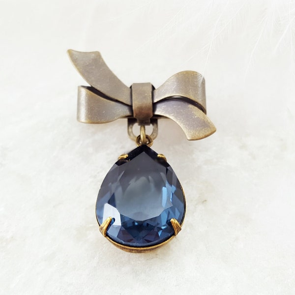 SAPPHIRE BROOCH, BLUE Vintage Style Crystal Brooch, Crystal Art Nouveau Pin, Montana Blue Bow Pin, Something Blue Gift for Bride P5000
