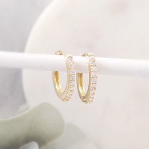 GOLD HUGGIE EARRINGS or Silver Cubic Zirconia Hoops, Micro Pave Diamond Cz Huggy Earrings, Small Clear Crystal Loops, Bridesmaid Ask E5538