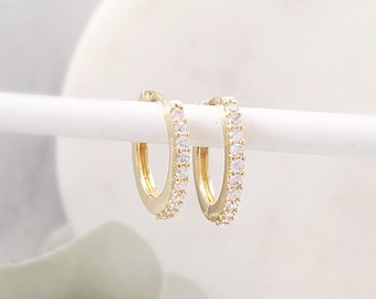 GOLD HUGGIE EARRINGS or Silver Cubic Zirconia Hoops, Micro Pave Diamond Cz Huggy Earrings, Small Clear Crystal Loops, Bridesmaid Ask E5538