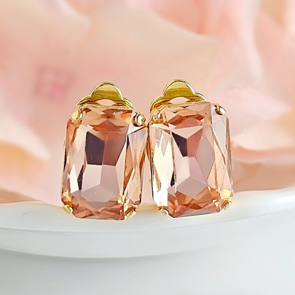 MORGANITE CLIPON EARRINGS Gold Pale Peach Crystal Baguette Non-Pierced Stud, Tourmaline Birthstone Jewelry, Emerald Cut Clip-on CL1051