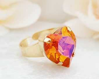 GOLD TOPAZ HEART Ring Astral Orange Fuchsia Crystal Ring, Hot Pink Iridescent Rhinestone Ring, Chunky Citrine Jewelry Gifts for Women R3033