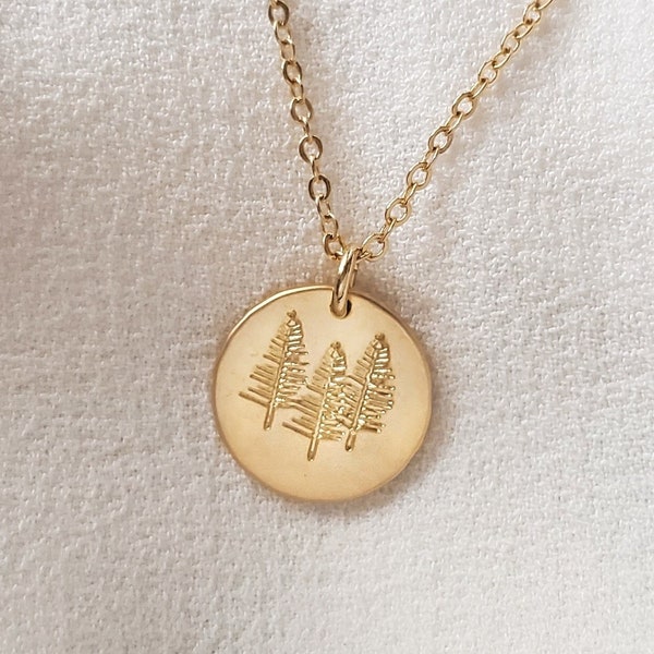 GOLD TREE NECKLACE Matte Gold or Silver Pine Trees Pendant, Round Woodland Botanical Jewelry, Small Mountain Lover Gift for Skiiers N5152