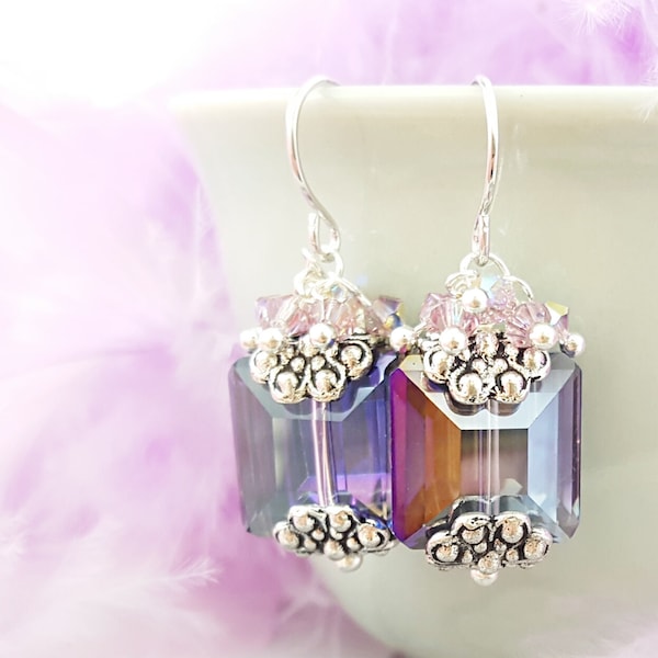 PURPLE CRYSTAL EARRINGS Violet Square Dangles, Iridescent Lavender Jewelry, Amethyst Bridal Party Proposal Gifts, Dangling Victorian M1062