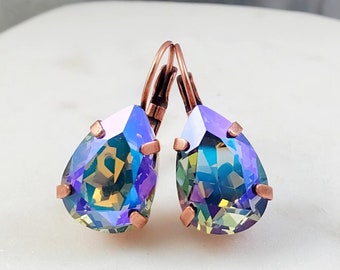 IRIDESCENT EARRINGS LARGE Purple Crystal Teardrop Clusters