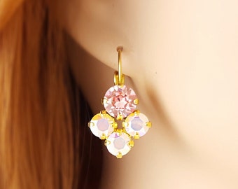 SPARKLING PINK EARRINGS Gold Rose Ab Drops, Aurora Borealis Dangling Rose Crystal Earrings, Pastel Morganite Jewelry Gifts for Her E3423