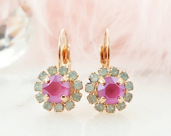 PINK CRYSTAL EARRINGS Rose Gold Mint Green Crystal Dangle Leverbacks, Tiny Green Opal Drops Light Fuchsia Tourmaline Jewelry Gift E3843