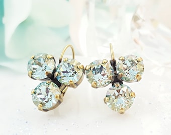 Sky Blue Earrings AQUAMARINE CRYSTAL DANGLES, Aqua Blue Rhinestone Drops, Something Blue Cinderella Jewelry Gift, Dark Brass Earrings E9380