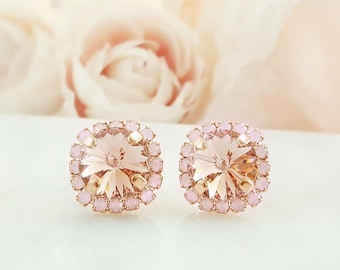 PINK CRYSTAL STUDS Rose Gold Pink Opal Earrings, Big Round Peach Quinceanera Earrings, Round Morganite Rose Pink Clusters, October E3839