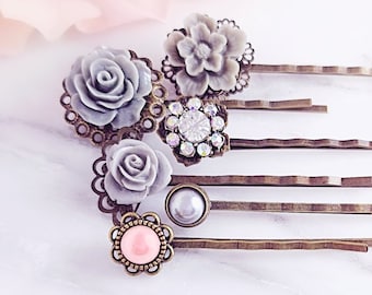 GREY Flower Bobby Pins Gray Decorative Hairpins, Crystal  display picture 2