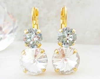 SKY BLUE EARRINGS Gold Aquamarine Diamond Crystal Dangle Earrings, Aqua Blue Rhinestone Dangles, Dangling Iridescent Aurora Borealis E3408