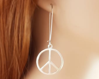 BIG Peace Sign Earrings & Necklace, New Silver Long Dangling Hippie Earrings, Sixties Earrings, 1970s Silver Mod Jewelry Gift for Her E5312