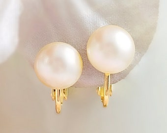 ROUND CREAM PEARL Clipons Gold Creamrose Pearl Nonpierced Stud Earrings, June Birthstone Non-Pierced Ivory Pearl Clipon Earrings CL1076