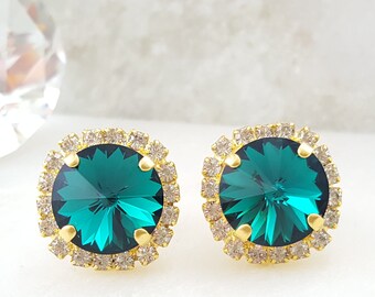 Green Crystal Earrings - Emerald Earrings - Green Rhinestone Earrings - May Birthstone Jewelry - Dark Green Earrings - Swarovski Studs E3340