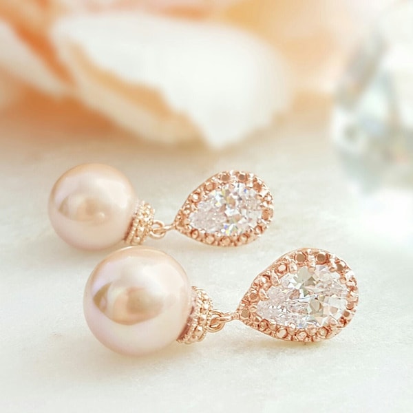 CRYSTAL TEARDROP PEARL Earrings Blush Pink Bridal Gifts, Rose Gold Ivory Pearl Wedding Jewelry,Champagne Diamond Maid of Honor Drops E4403