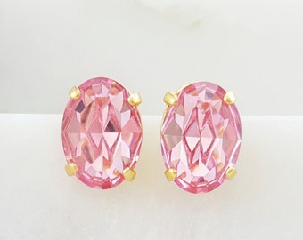 Pink Crystal Earrings GOLD ROSE PINK Oval Studs, Big Blush Morganite Rhinestone Studs, October Tourmaline Birthstone Jewelry Gifts E3459