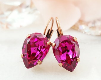 Pink Crystal Teardrop Earrings Red or FUCHSIA TEAR DROPS, Hot Pink Rhinestones, Choose Your Style, Dark Pink Magenta Stone Jewelry E9360