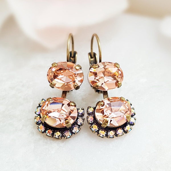 Morganite Crystal Earrings IRIDESCENT PEACH BLUSH Pink Dangles, Topaz or Mint Green Stones, Pink Victorian Droplet, Choose Your Color E3955