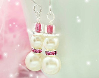 SNOWMAN PEARL EARRINGS Adorable Handmade Snow Woman Drops, Matching Snowman Necklace, Pearl Drop Holiday Jewelry, Choose Your Color E4107