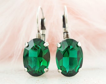 EMERALD DANGLE EARRINGS Large Dark Green Oval Crystal Drop Earrings, Dark Silver Leverback, Tourmaline Statement Jewelry Gifts for Her E3172