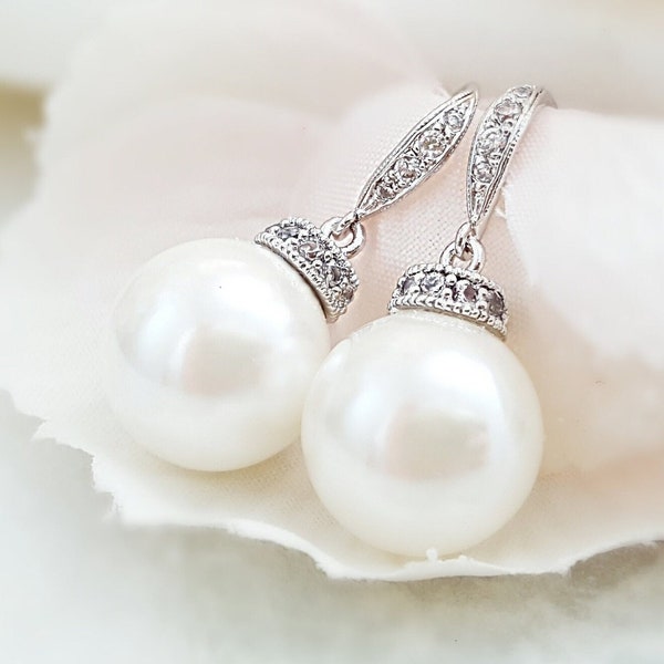 LOVELY! Round White Pearl Dangle Earrings, Ivory Pearl Drops, Clear Cz Bridal Jewelry Gifts for Bride & Bridal Party, Crystal Droplets E4035