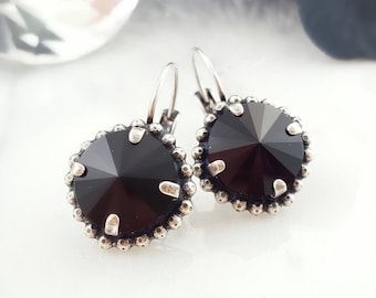 BLACK CRYSTAL EARRINGS Round Jet Black Drops, Shiny Black Stone Dangling Granulated Dark Silver Earrings for Her, Rivoli Rhinestones E3181