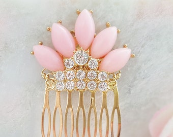 CRYSTAL Pink Flower Fan Hair Comb Peach Coral Hair Accessory, Small Side Crystal Haircomb, Gold Floral Barrette, Fan Comb For Hair, H2018