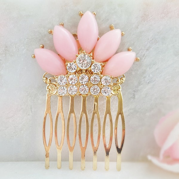 CRYSTAL Pink Flower Fan Hair Comb Peach Coral Hair Accessory, Small Side Crystal Haircomb, Gold Floral Barrette, Fan Comb For Hair, H2018