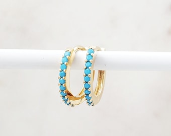 GOLD TURQUOISE HUGGIES 16K Gold Opaque Aqua Blue Crystals, Cubic Zirconia Hoops, Tiny Aquamarine Loops, Small Boho Gold Leverbacks E5535