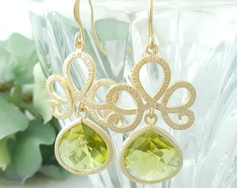 PERIDOT EARRINGS GOLD Green Crystal Teardrops, Sage Tourmaline Teardrops, Olive Green Glass Stone, Matte Gold Blue Opal Jewelry Gift  E2482