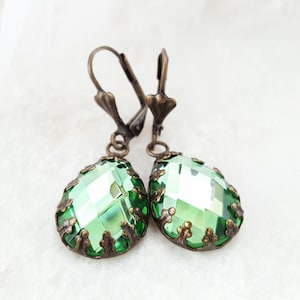 GREEN CRYSTAL EARRINGS, Emerald Teardrop Dangles, Choose Your Style, Olive Tourmaline Droplets, Rhinestone Tear Drops, Peridot Jewelry E3902