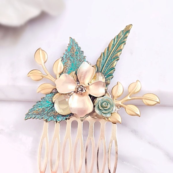 BOHEMIAN FLORAL COMB, Turquoise Leaf Hair Comb, Blue Patina Bridal Party, Gold Flower Bridesmaid Accessory, Vintage Bronze Leaves H2134B