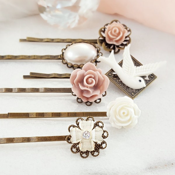 TAUPE BOBBY PIN Set of 6 Bridal Hairpins, Lovely Beige Bun Hair Clips, Vintage Dusty Rose Flowers, Ivory Pearl Barrette, Pink Wedding H4039