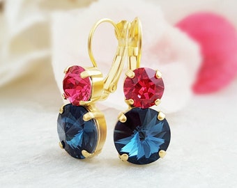 GOLD MONTANA BLUE Crystal Earrings, Ruby & Sapphire Cluster Dangles, Indian Pink Jewel Drop Earrings, Round Crystal Rhinestone Droplet E3411