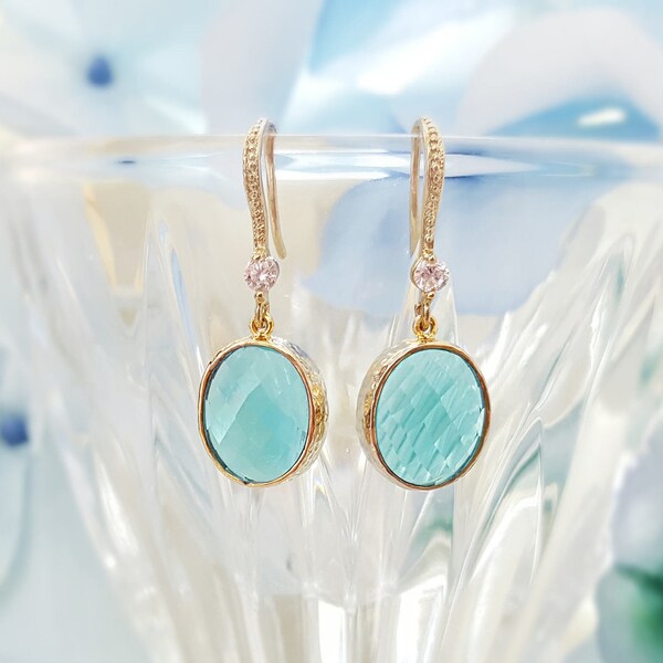 Aquamarine Blue Earrings AQUA or CLEAR GLASS, Lilac Crystal Drops, Matte Gold Jewelry Gifts, Oval Teal Violet Purple Oval Droplets E1413